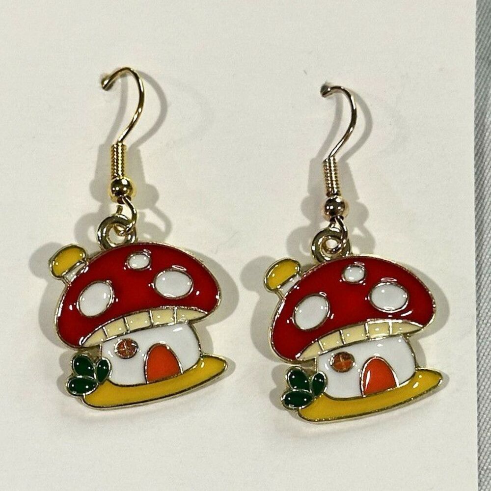 Red Mushroom Toadstool Dangle Earrings, Cottagecore Fairycore Forest Jewelry